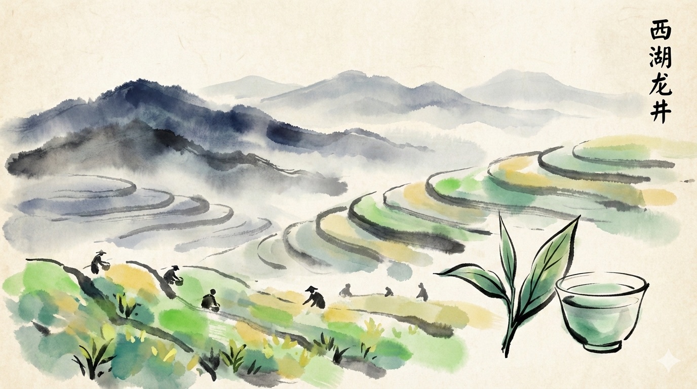 Ink wash painting of misty tea terraces with tea pickers, a tea leaf and a cup