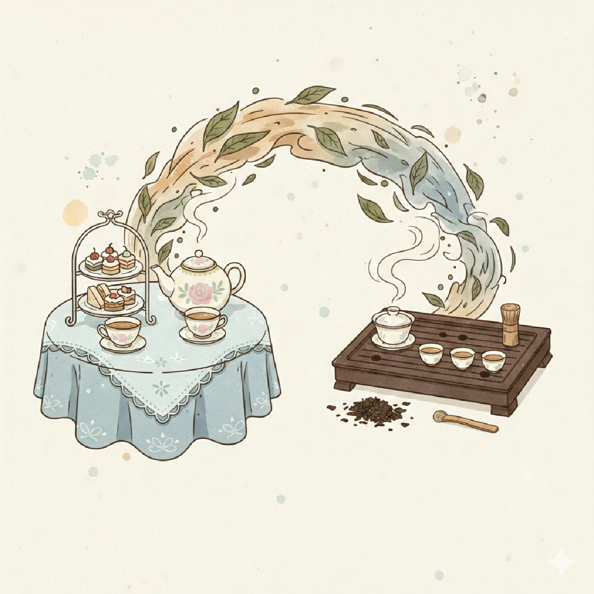 Cultural comparison of English and Chinese tea traditions showing afternoon tea and gongfu cha side by side