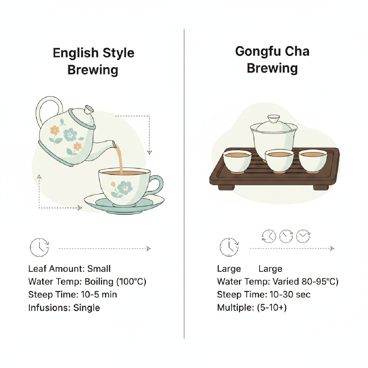 Comparison diagram showing English-style brewing vs. Gongfu cha brewing methods