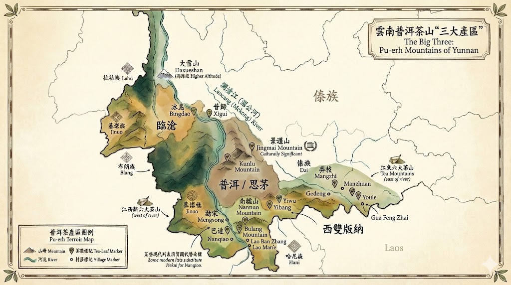 Illustrated map of Yunnan showing the Pu-erh 'Big Three' regions (Xishuangbanna, Pu'er/Simao, Lincang) and key mountains and villages along the Lancang (Mekong) River.