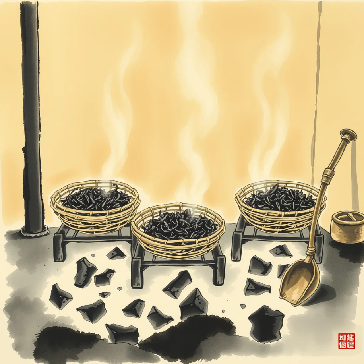 Bamboo baskets of oolong tea leaves resting over a charcoal roasting pit, soft ink wash illustration