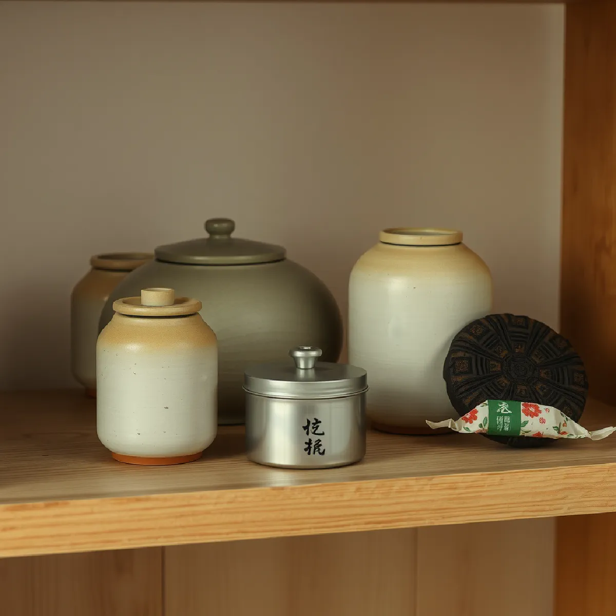 Ceramic tea jars and tins on a wooden shelf beside a pu-erh cake, soft ink wash illustration
