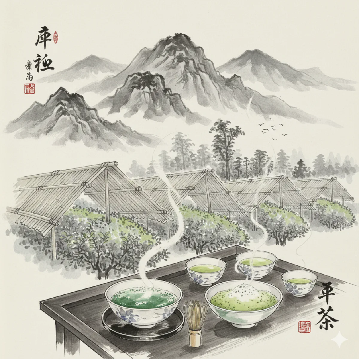 Japanese green tea varieties including Sencha, Gyokuro, and Matcha