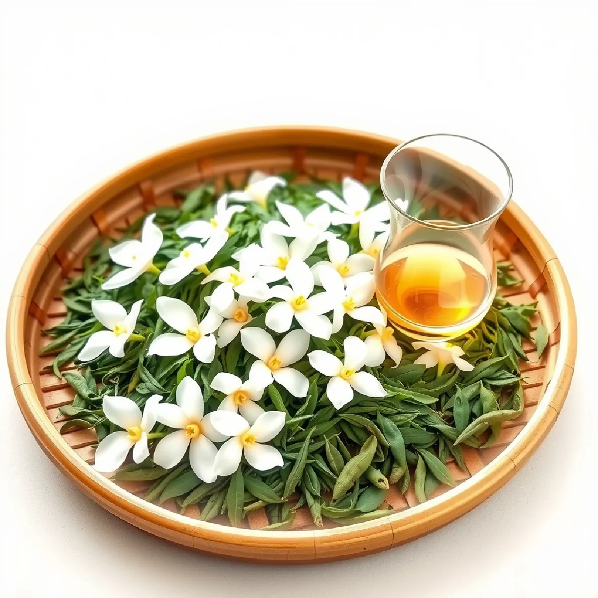 Jasmine blossoms scattered over green tea leaves, soft watercolor illustration