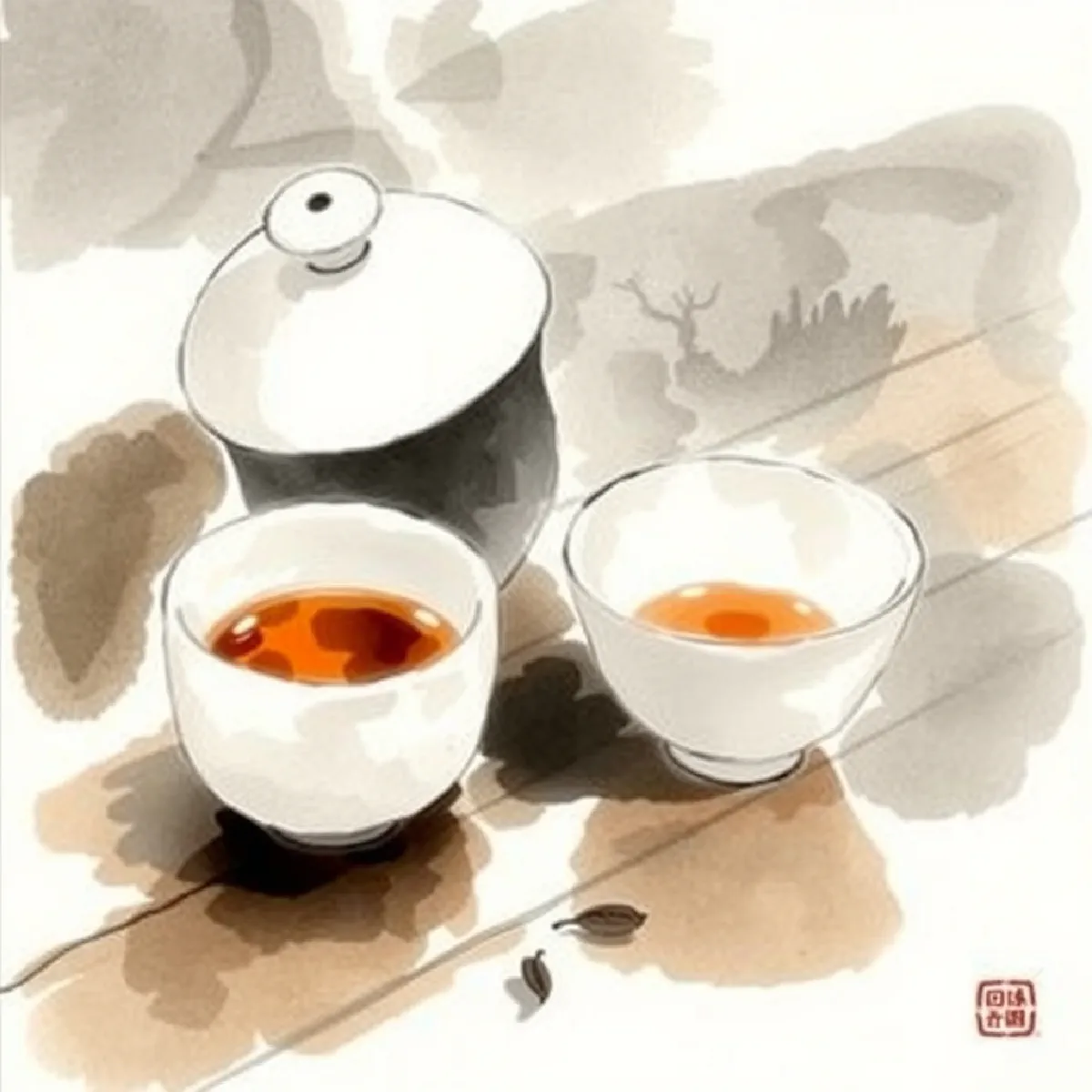 Ink wash illustration of a gaiwan beside a small cup of amber tea and a timer, steam rising in soft brushstrokes