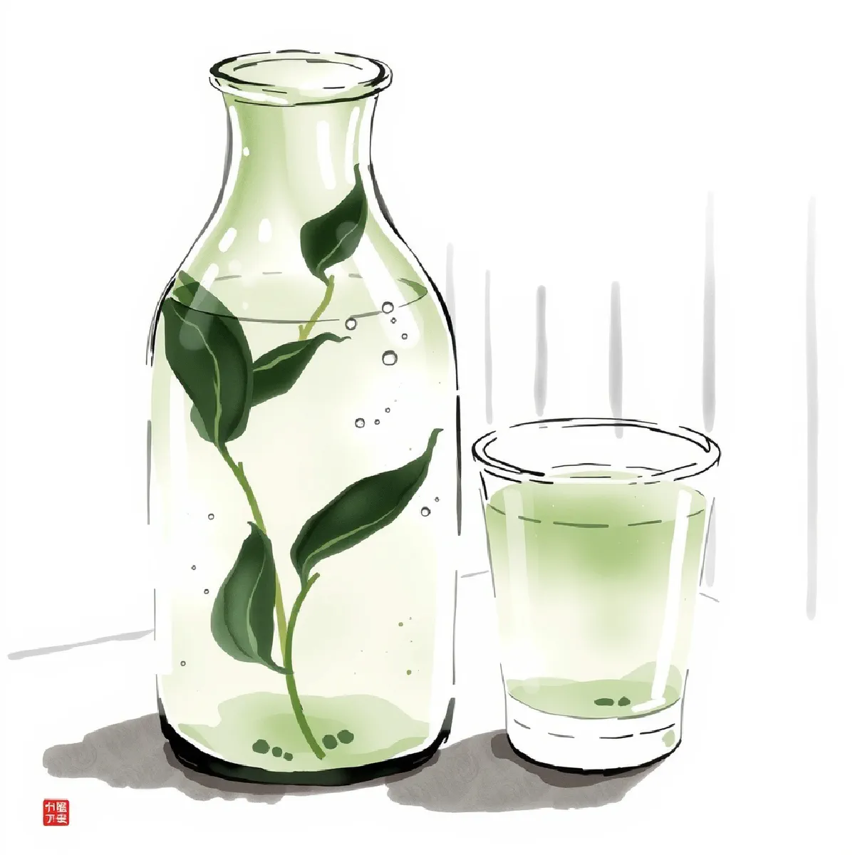 Ink wash illustration of a glass bottle of pale green cold-brewed tea with whole leaves suspended in the water, beside a drinking glass