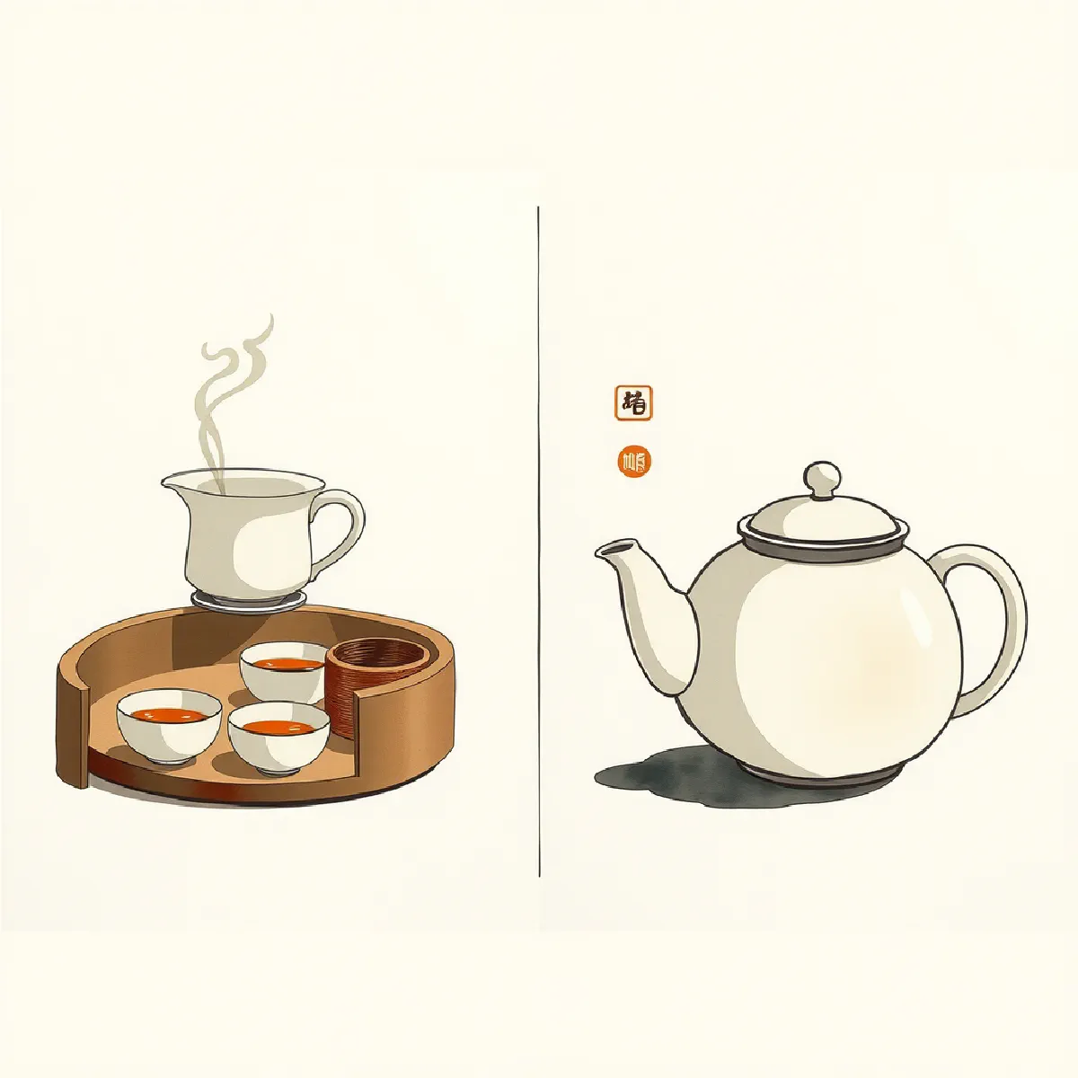 Ink wash illustration contrasting a gongfu setup — gaiwan and three tasting cups on a wooden tray — with a single large Western teapot