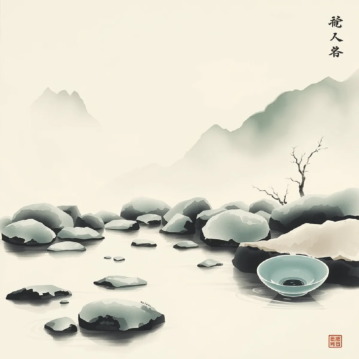 Ink wash painting of clear spring water flowing over stones into a pool beside a porcelain gaiwan, with misty mountains behind